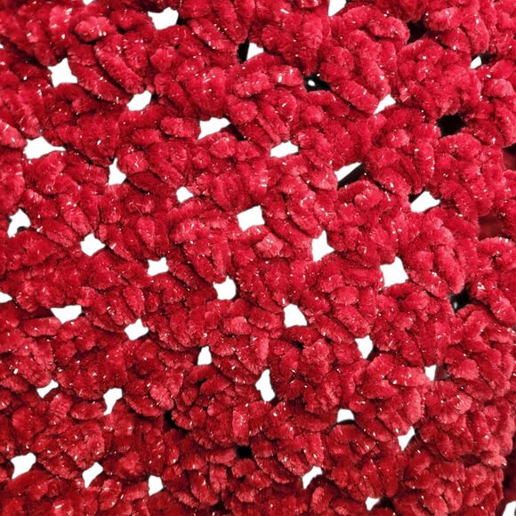 Handmade Red Velvety Smooth Sparkle Crochet Scarf Shawl with Fringe Open Weave - Picture 7 of 9